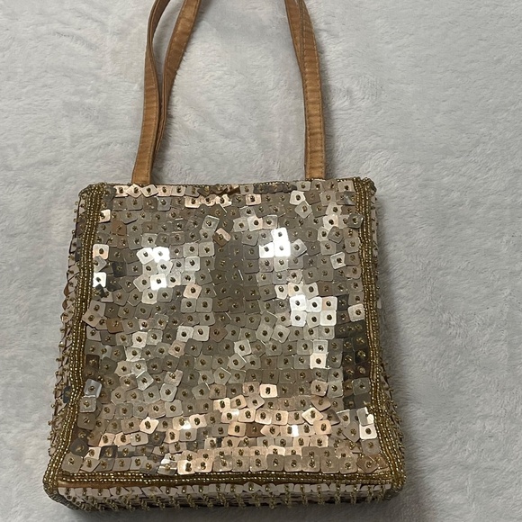 Jessica Mcclintock Sequin Handbag Gold Tone - Picture 4 of 13